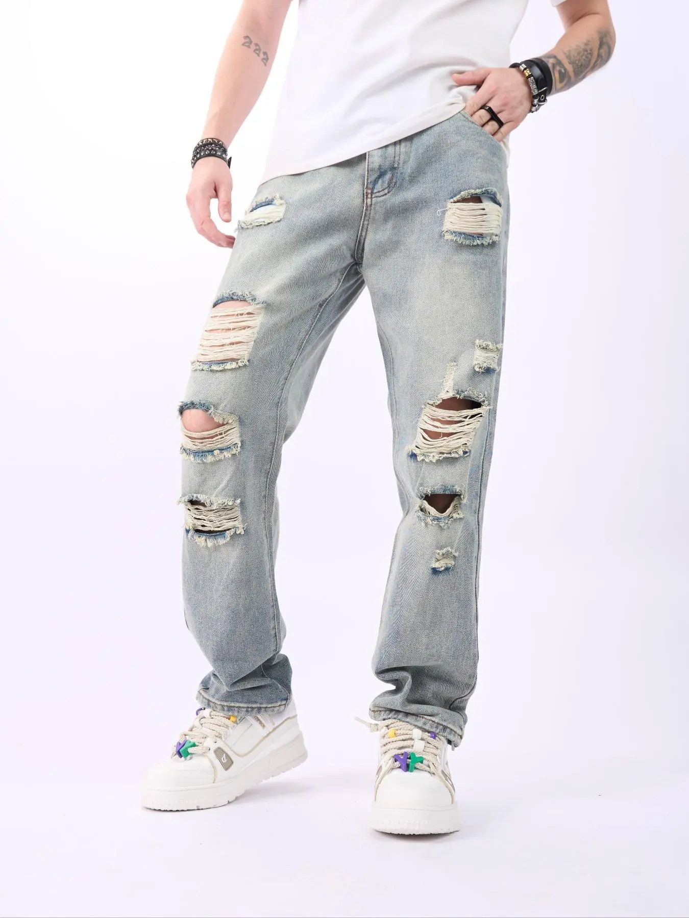Men's Ripped Straight Leg Jeans, Casual Comfy Regular Fit Denim Pants for Daily Wear, Fashion Men's Bottoms for All Seasons, Mens Jeans
