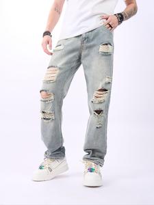 Men's Ripped Straight Leg Jeans, Casual Comfy Regular Fit Denim Pants for Daily Wear, Fashion Men's Bottoms for All Seasons, Mens Jeans, Cotton