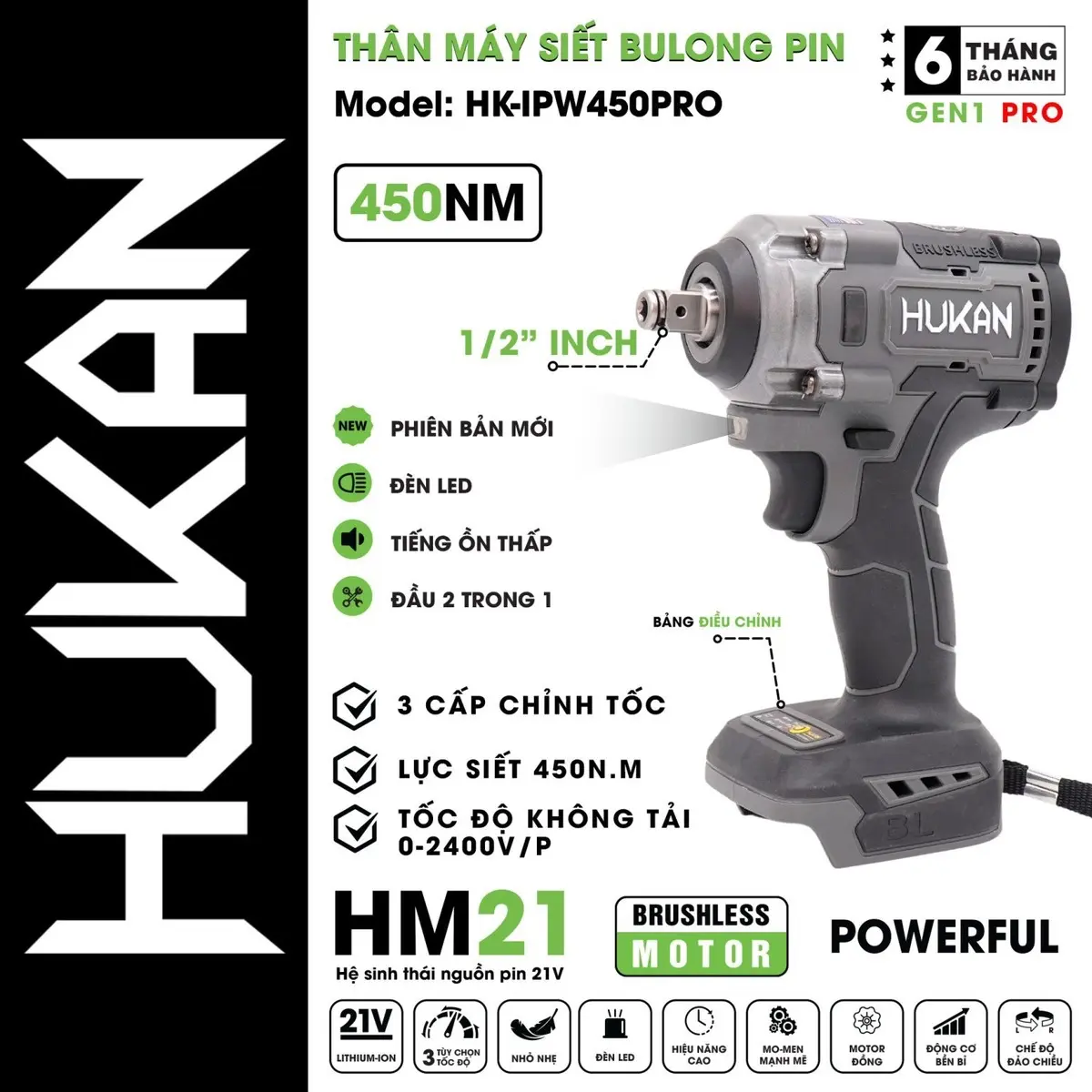 [GEN2] Máy siết bulong HUKAN IPW450PRO,Lực siết 450N,đầu 2in1 vừa siết mở ốc vừa bắn vít tôn.hukan ipw450 pro