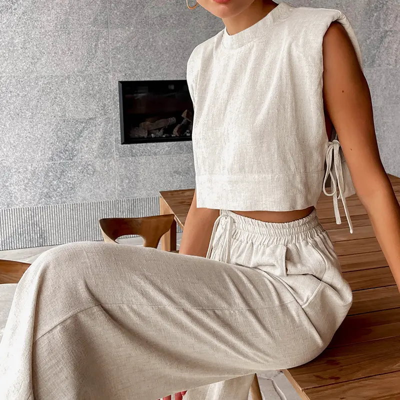 Fashion Cotton and Hemp Set Women's 2025 Summer New Style Shoulder Pads Sleeveless Top Pants Two Piece Set European and American Casual Womenswear Clothes 0