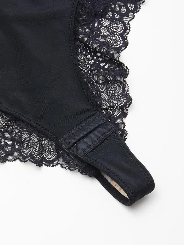 Women's Plain Lace Sheer Shapewear Bodysuit, Casual Elegant Adjustable Strap Deep V Neck Backless Bodysuit, Ladies Shapewear for Daily Wear 5