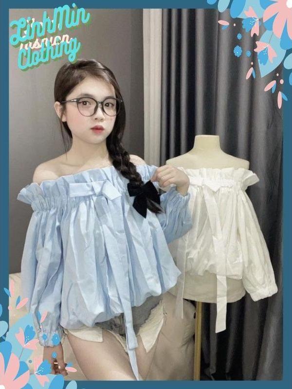Áo sơ mi trễ vai tay bồng chun thắt nơ siêu xᶖnh dễ phối đồ LinhMin A257
