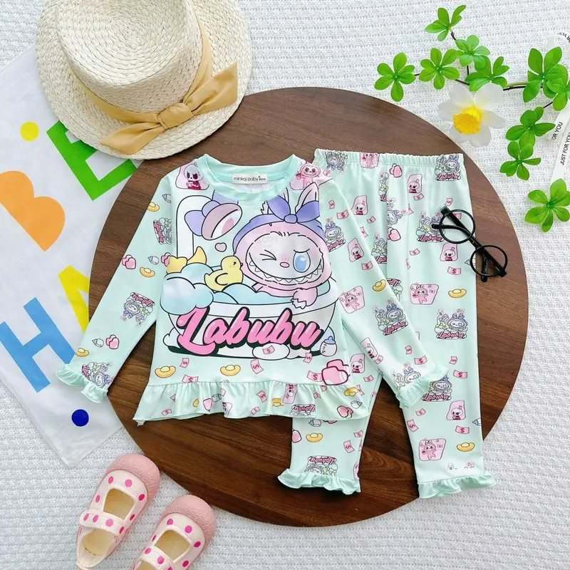 FREESHIP- Bộ Dài Tay Cho Bé Gái Thun Lạnh 3D MINKOJ BABY Cho Bé Từ 7-30kg In Hoạt Hình LABUBU Chất Co Giãn 4 chiều mềm 5