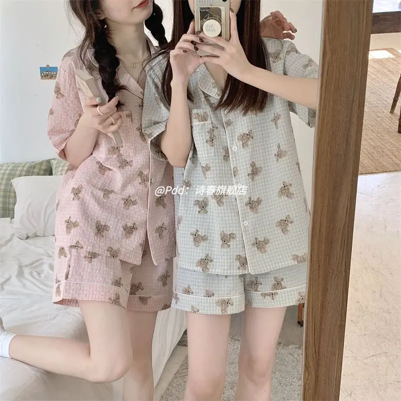 Bộ Pijama Mùa Hè Gấu Kẻ Sọc Dễ Thương Áo Ngắn Tay Và Quần Đùi mẫu mới 2025
