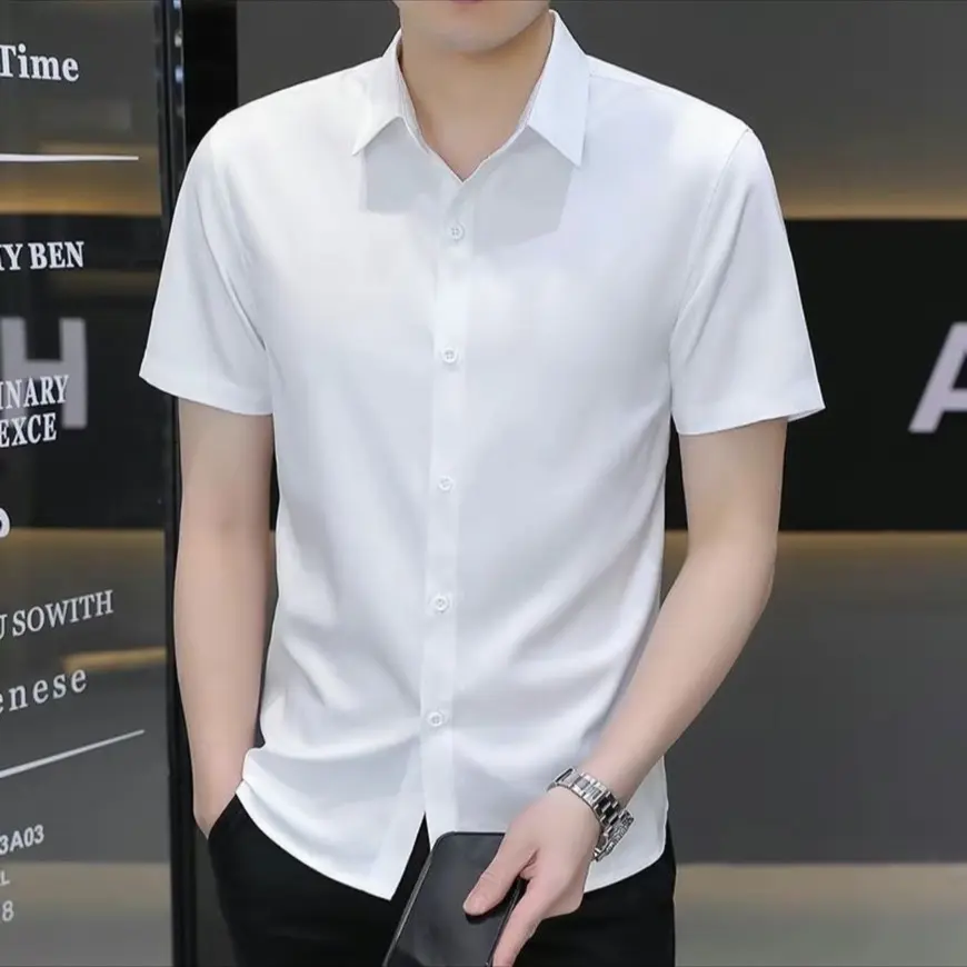 Áo sơ mi Tay Ngắn Màu trơn vãi Lụa mềm mịn phom body Nam Menswear Shirt Kate