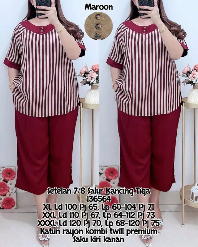 TOP - Setelan Katun Rayon Twill 136564 - Set Salur 7per8 - Celana Kulot Pendek - Atasan Motif Salur 3