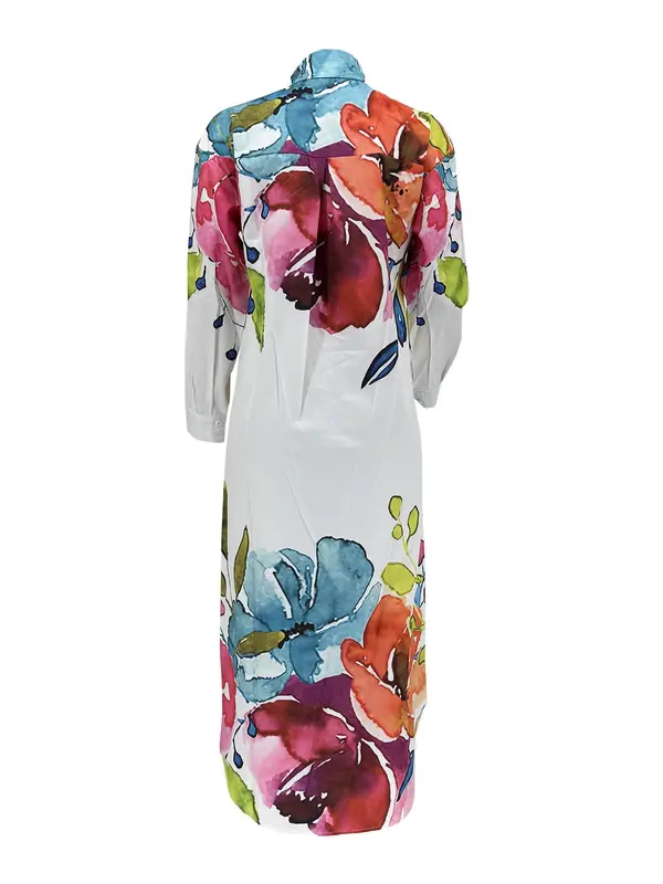 Women's All Over Print Button Front Asymmetrical Hem Long Shirt, Casual Long Sleeve Curved Hem Collared Top for Daily Outdoor Wear, Ladies Clothes for All Seasons 4