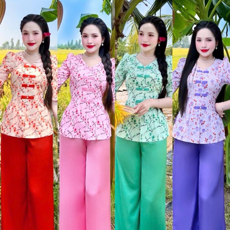Bộ bà ba Lụa Bảo Anh cổ tim, tay lỡ, phồng vai, áo lụa hoa, quần thái màu/ Set đồ Lam đi chùa cổ tim hot trend có 6 size