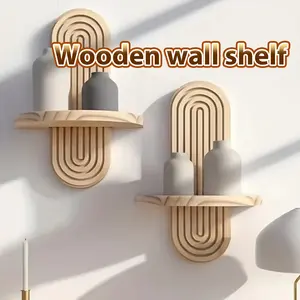 1 Buah Rak Dinding Kayu Gaya Boho - Rak Dinding Geometris, Finishing Kayu Alami untuk Dekorasi Tanaman