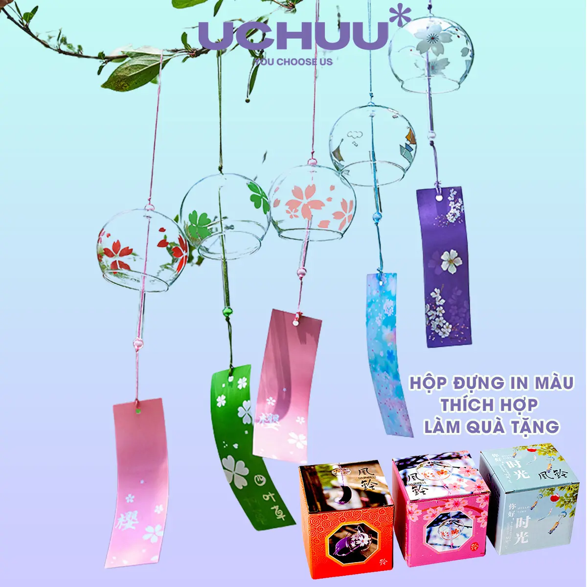 Chuông Gió Thuỷ Tinh UCHUU Phong Cách Nhật Bản, Chuông Gió Furin Tròn Kính Trong Suốt Mùa Hè