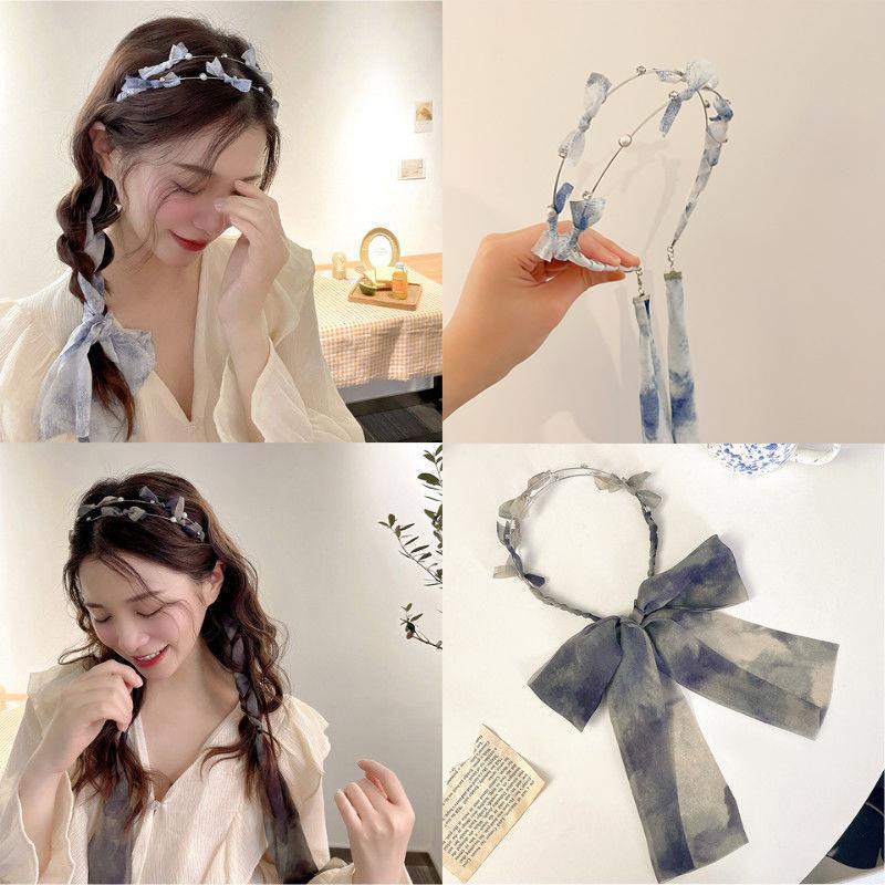 Băng Đô Streamer Hai Lớp Dát Hoa Băng Đô Cô Gái Ngọt Ngào Buộc Tóc Khăn Lụa Băng Đô Mũ Đội Đầu