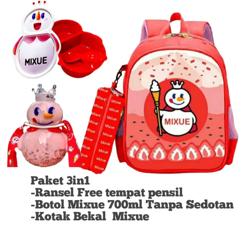 Paket Tas Ransel Anak Motif mixue + Botolo Mixue +lunch box/Kotak Bekal MIxue bisa COD Sd Fashion 0