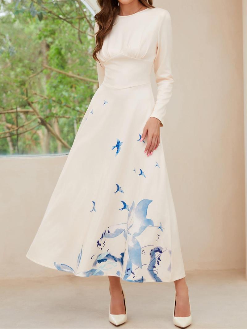 Product Introduction of Women's Ruched A Line Dress, Elegant Long Sleeve Round Neck Long Dress for Wedding, Graduation, Party, Ladies Fall & Winter Clothes 4