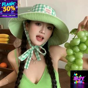 2025 Ready Stock New Korean Version Ins Plaid Lace-Up Fisherman Hat for Women Summer Outdoor Travel Wide Brim Double-Sided Sun Protection Hat New Style Women Men Light Luxury