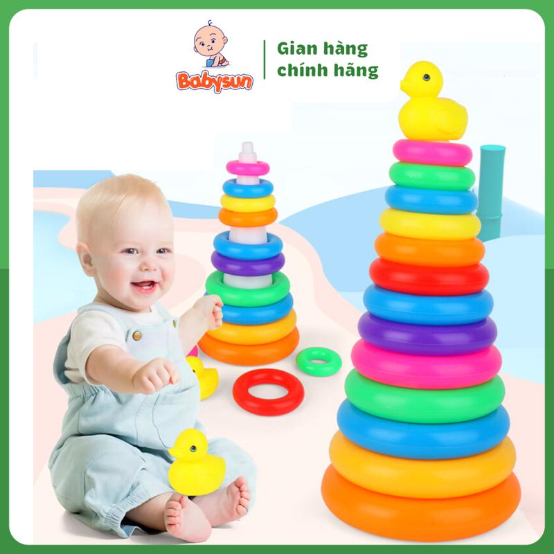 Đồ chơi tháp xếp chồng con vịt bằng nhựa 11 chi tiết, đồ chơi thả vòng tròn phát triển kỹ năng cho bé