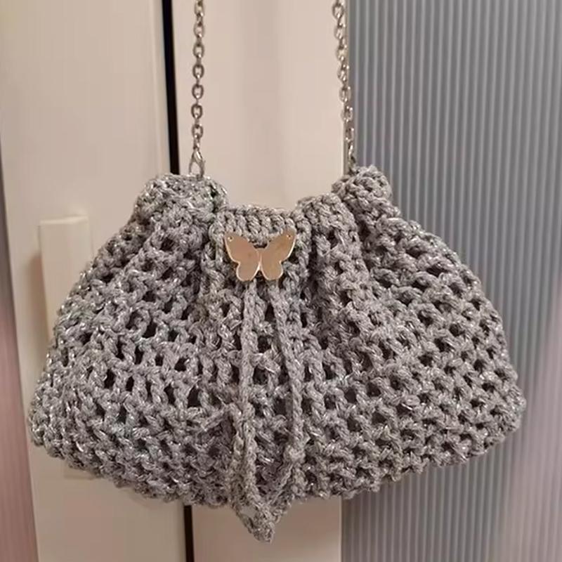 Product Introduction of New Silver Handmade Yarn Popular Same Style Woven Small Silver Bag Woven Flash Core Wire Crochet Needle 200g 1 Ball Yarn 26