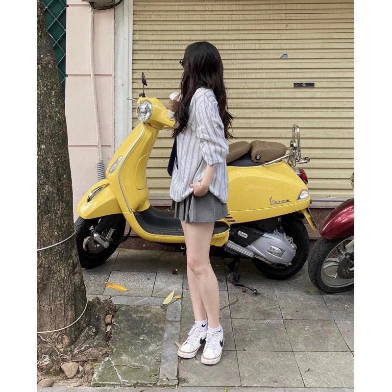 Set sơ mi kẻ dây vạt kết hợp chân váy xếp li ghi xám dáng ngắn dễ thương Áo Nữ Top Women 1