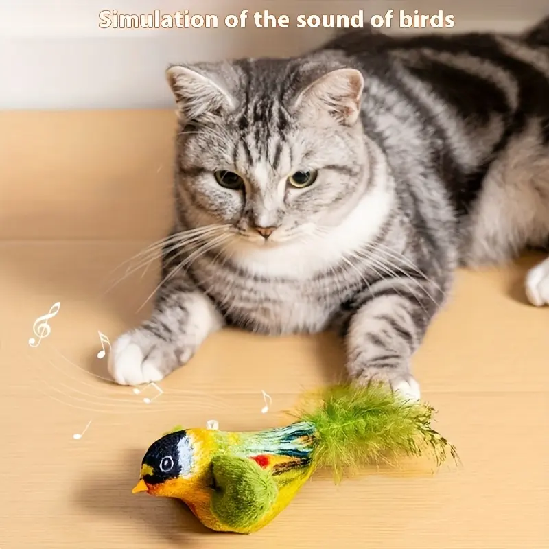 Interactive Simulation Sound Plush Bird Cat Toy, with Realistic Chirping, with Artificial Feather Synthetic Fiber Material and No Battery Required Cartoon Design Toy, Suitable for Indoor Cat Sports Interactive Bird Toy 1