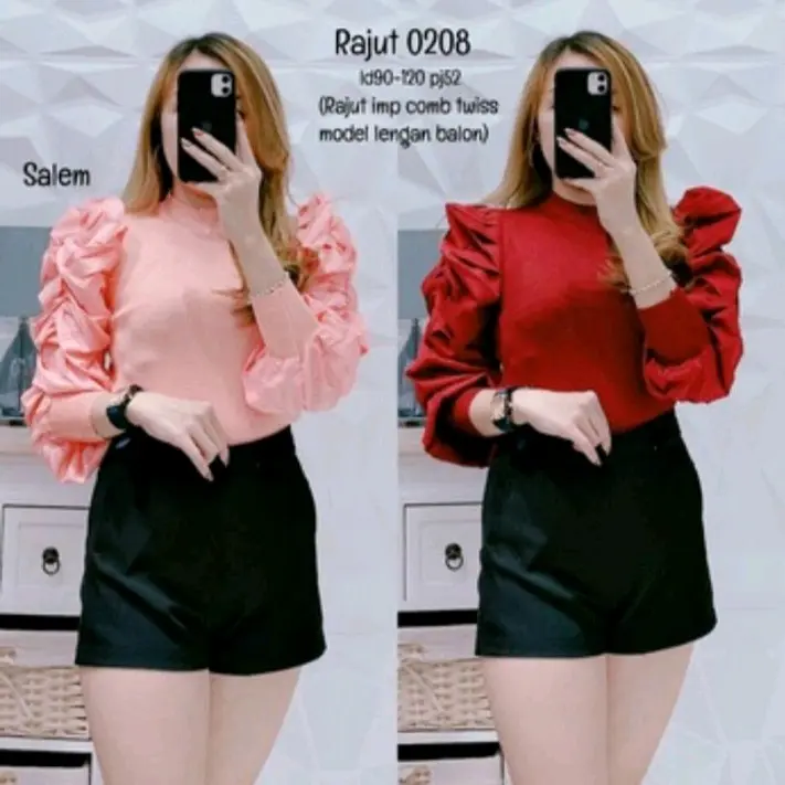 Blouse rajut polos tangan balon katun
