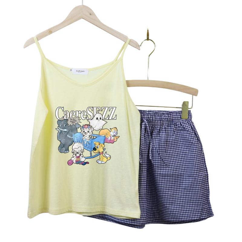 Set Đồ Nữ 2 Dây, Quần Short Kẻ Ô Linen Anhstore, Phom Rộng, In Hình Dễ Thương - Áo Nữ - Women Nhung Top Thun