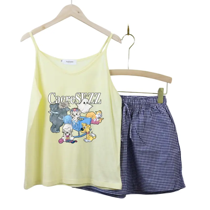Set Đồ Nữ 2 Dây, Quần Short Kẻ Ô Linen Anhstore, Phom Rộng, In Hình Dễ Thương - Áo Nữ - Women Nhung Top Thun 0