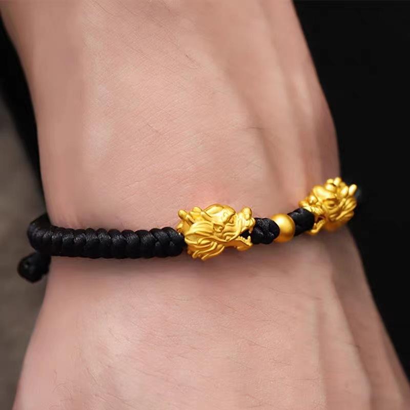 Product Introduction of Boy Meets Girl Bracelet Men's Domineering Zodiac Year Black Rope Woven Bracelet Brass Gold-Plated Faucet Bracelet 8