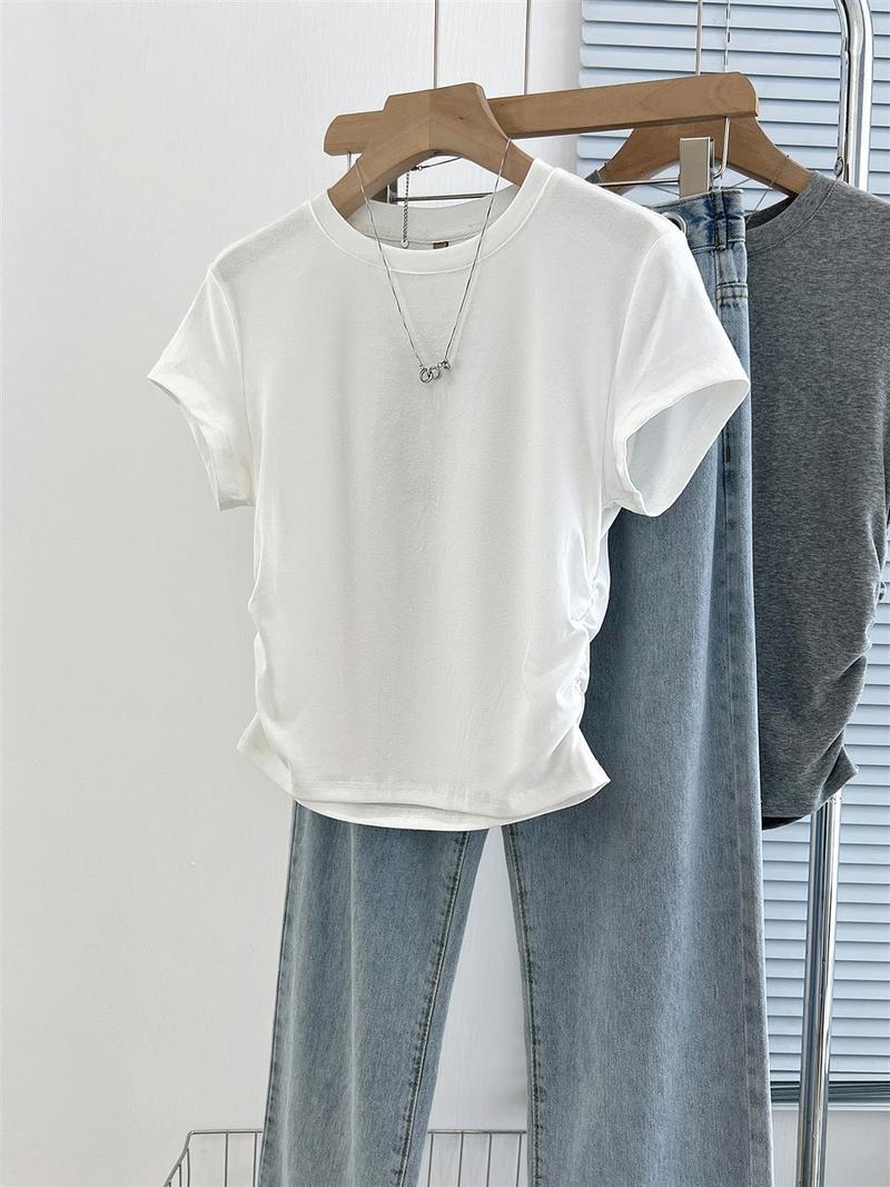 Product Introduction of Short pleated women's T-shirt waist design sweet short-sleeved summer cotton round neck top 10