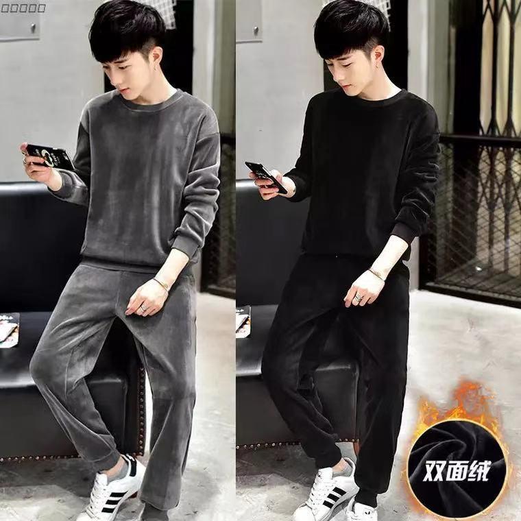 Bộ Đồ Thể Thao Nhung Vàng Cho Mùa Thu Và Mùa Đông Phong Cách Hàn Quốc Mới Lót Lông Cừu Dày Dặn Trẻ Trung Nhung Hai Mặt Bộ Đồ Giải Trí Ấm Áp Menswear Nam Áo Quần Nhung Tăm