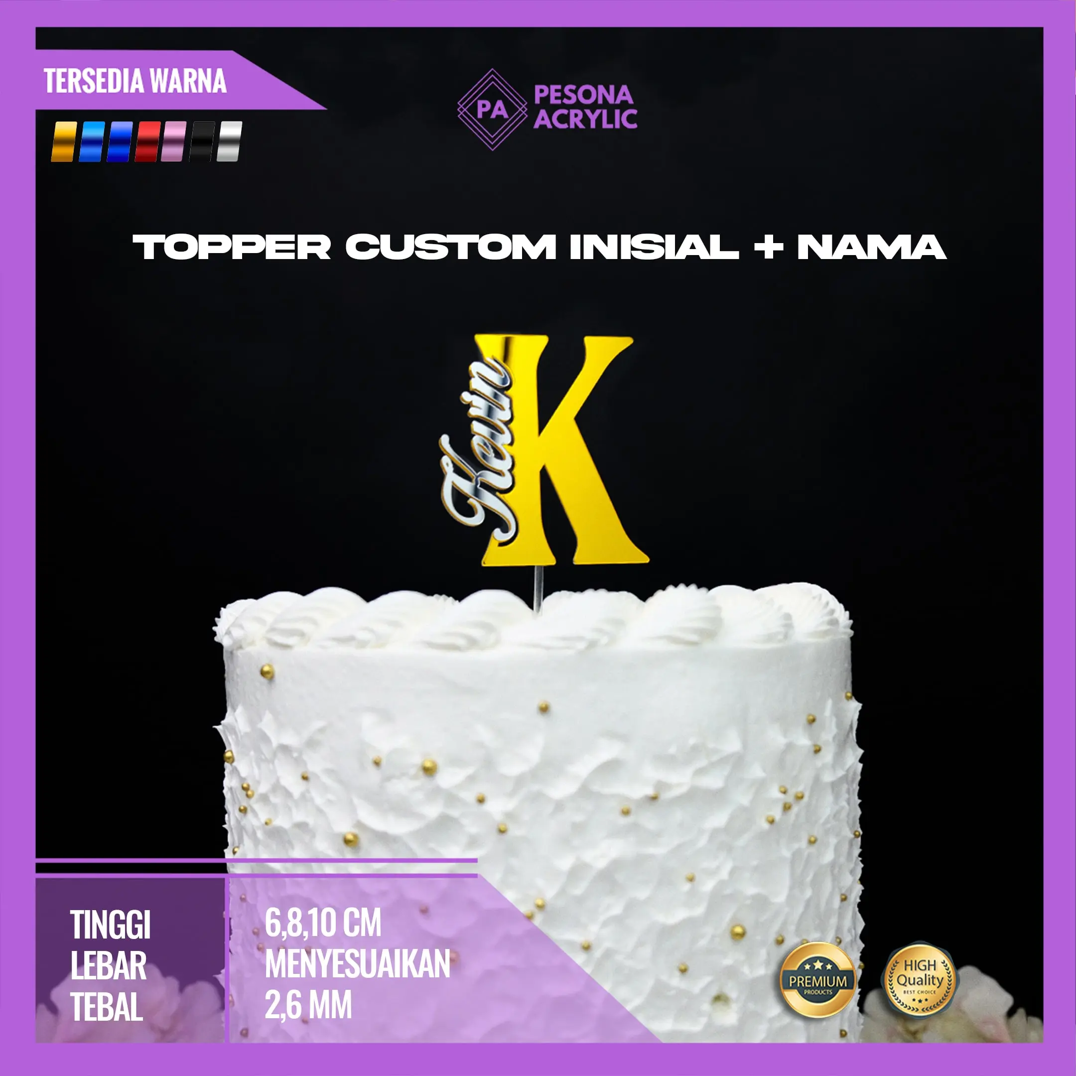 Topper Cake Ulang Tahun Inisial Nama Custom Acrylic Gold Mirror Black Blue