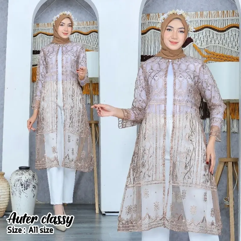 Outer Brukat Tile Premium Etnik Long untuk Wanita - Atasan Muslim Remaja Outer