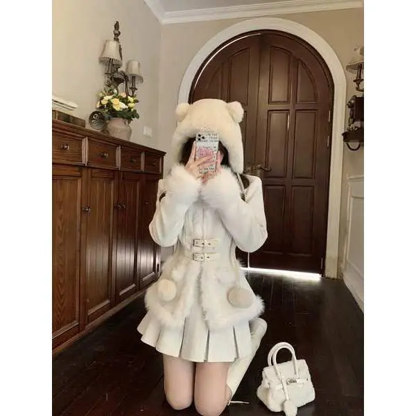 Bộ Đồ Nữ Thanh Lịch, Trang Phục Len Khâu, Áo Khoác Da Lộn Chần Bông, Váy Xếp Ly Chữ A Mùa Đông, Bộ Hai Mảnh