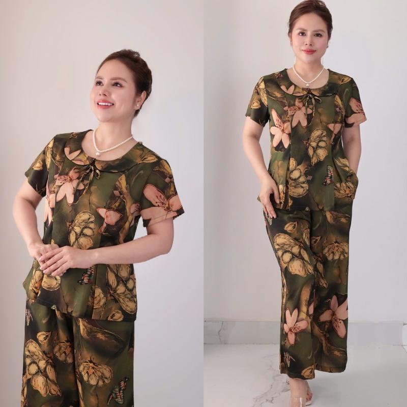 Set đồ trung niên cách điệu đồ bộ cho mẹ,áo kiểu cổ sen quần dài ống rộng chất lụa nhập cao cấp Ms48 Nữ Women Top Ong