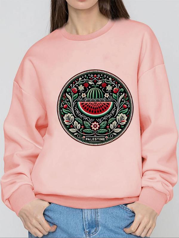Women's Watermelon & Letter Print Long Sleeve Sweatshirt, Fashion Casual Drop Shoulder Crew Neck Pullover for Daily Holiday Outdoor Wear, Ladies Fall & Winter Clothes 2