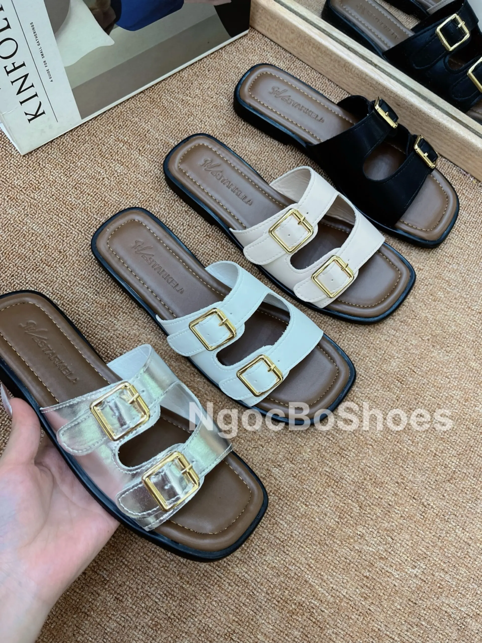 DéP nữ mũi vuông 4 màu 2 khóa vuông giày - Dép GiàY dép  sục đế thấp