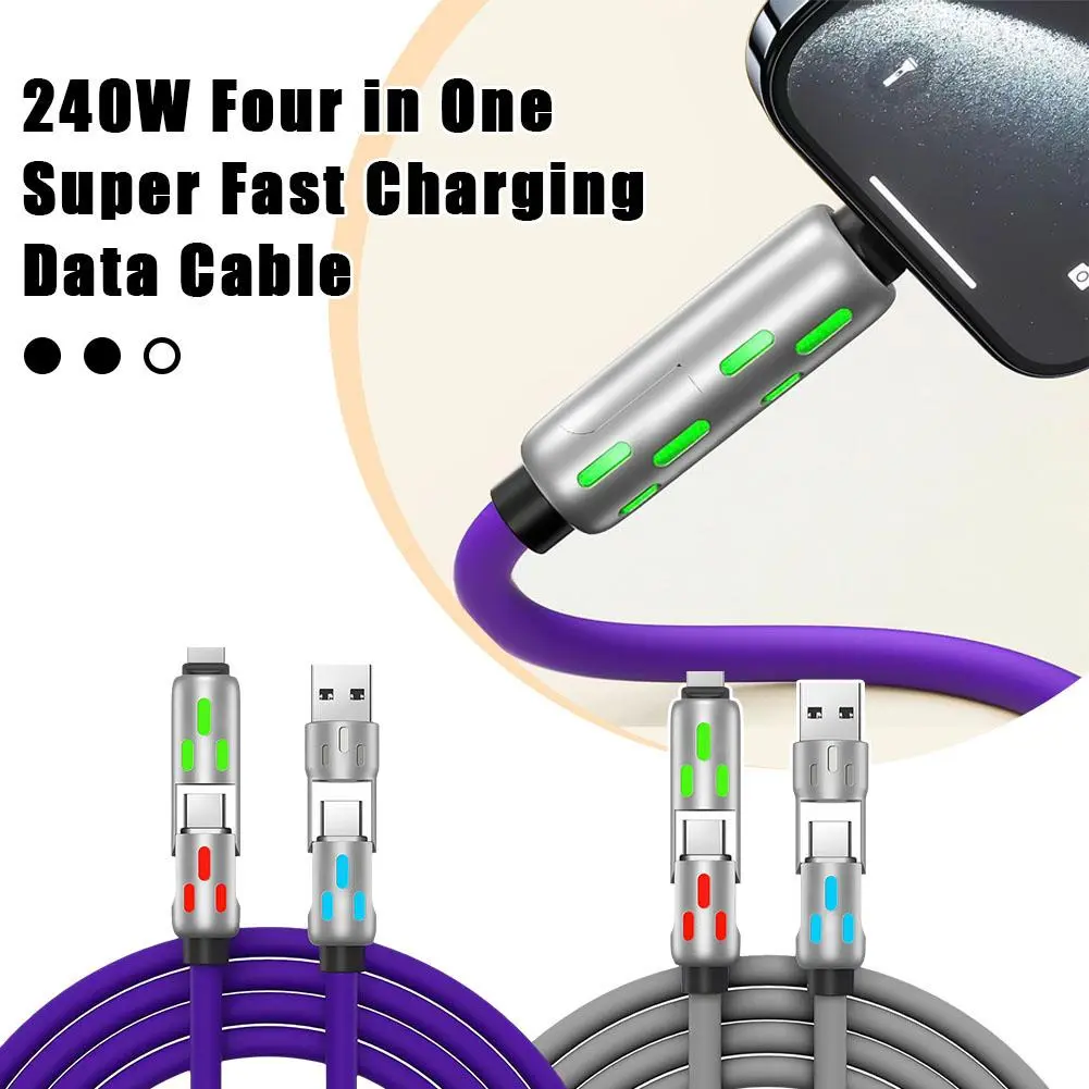 240W RGB 4-in-1 Fast Charging Cable With Colorful Atmosphere Lights Charging Data Cable