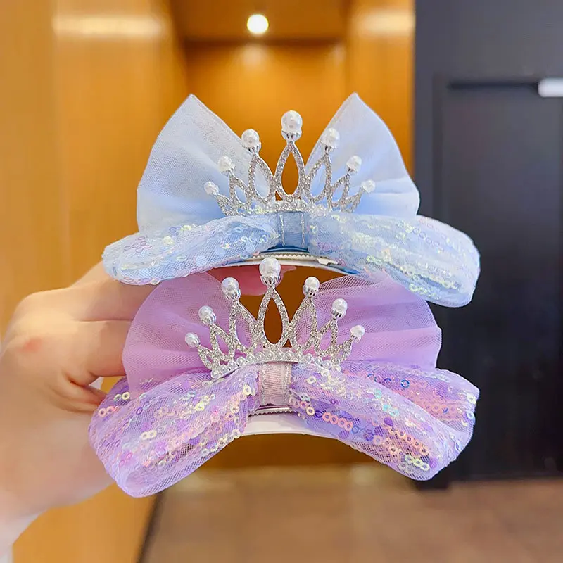 Children's Bow Crown Hair Accessories Hair Clips Princess Pearl Hairpins Little Girls Sequin Mesh Top Clips Girls' Hair Ornaments