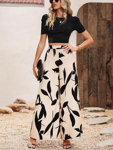 Women's Soild Puff Sleeve Top & Leaf Print Wide Leg Pants Two-piece Set, Casual Round Neck Short Sleeve Top & Pants for Summer, Ladies Clothes for Daily Wear