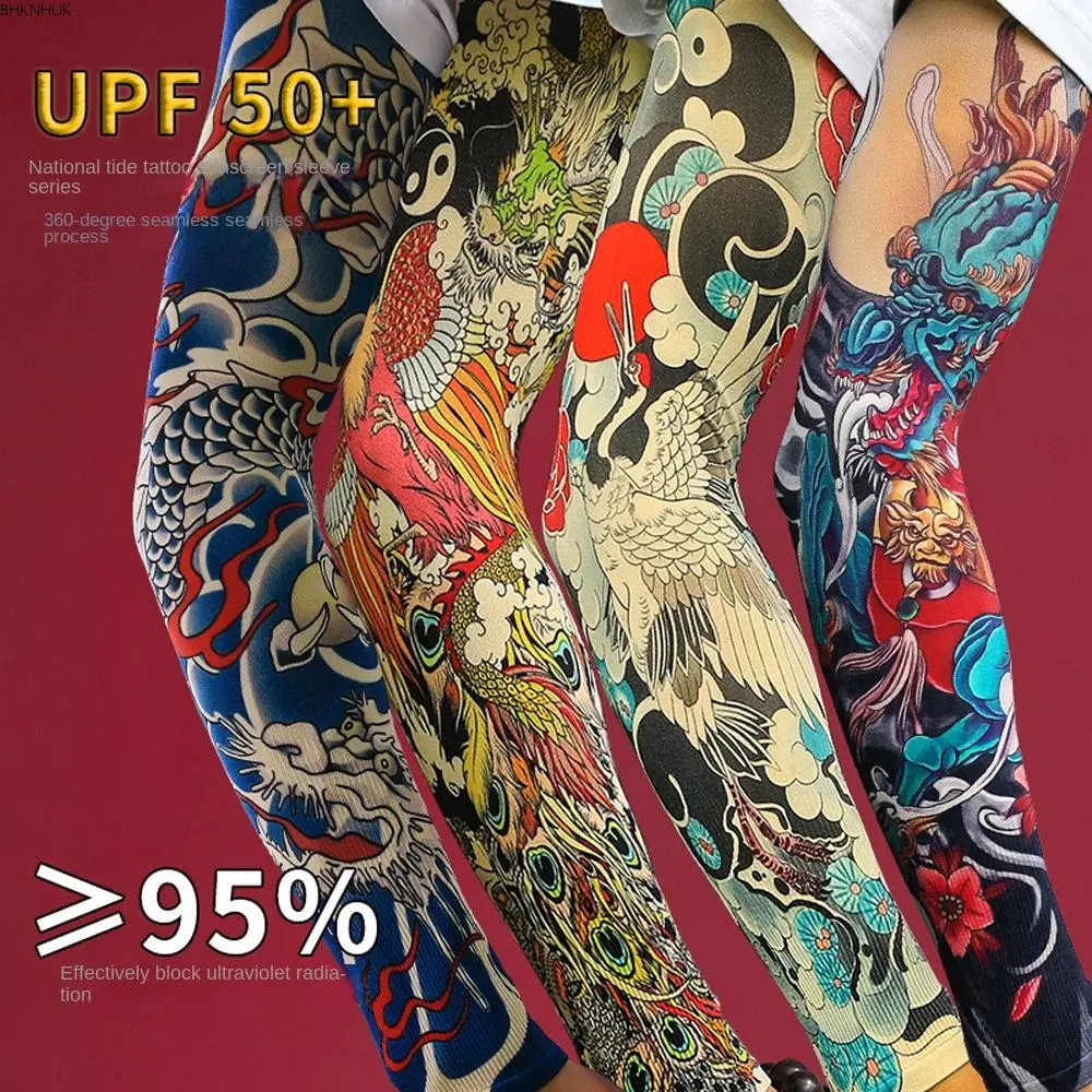 BHKNHUK Arm Covers Flower Arm Pattern Flower Arm Tattoo Sleeve Breathable Elastic Men Sunscreen Sleeve UV Protection Thin Ice Silk Arm Sleeve Summer