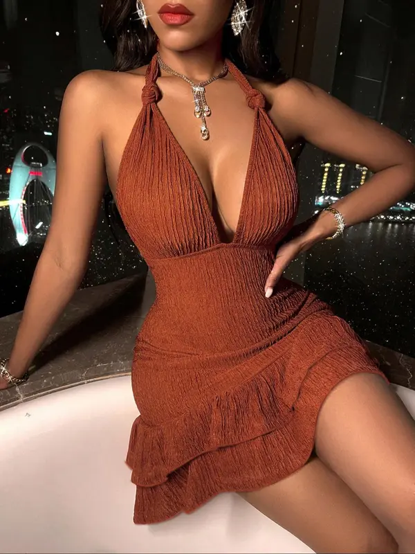 Women's Solid Backless Tiered Layer Dress, Casual Fashion Sleeveless Halter Neck Short Dress for Daily Outdoor Wear, Ladies Clothes for All Seasons 2