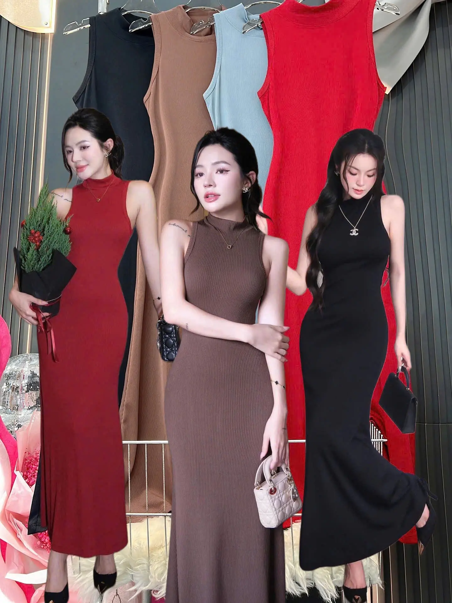 Đầm body chất thun tăm lạnh, cổ lọ sát nách, tôn dáng trang trọng