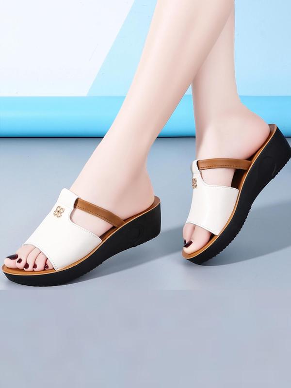 1 Pair Women's Fashionable Plain Color Pu Leather Wedge Slippers, Casual Versatile Home Slippers for Women & Girls, Casual Comfortable Home Slippers for Indoor and Outdoor 4