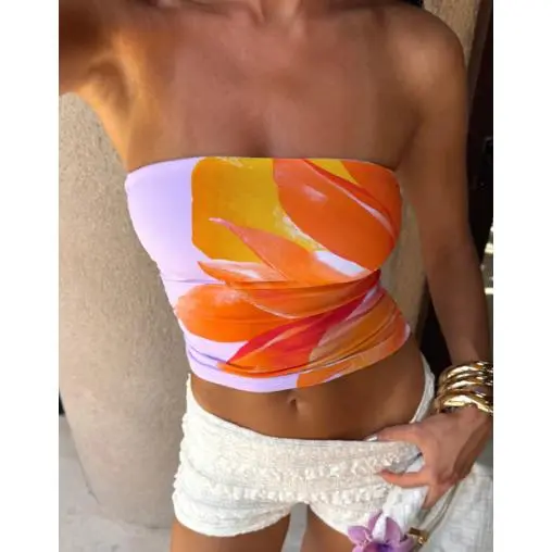 Women's Crop Tube TopsFlower Print Side Ruched Off Shoulder Backless Sleeveless Shirt for Summer