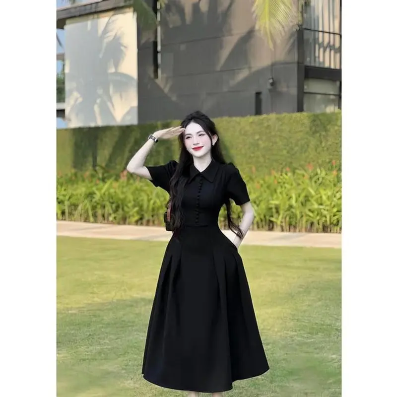 Đầm váy nữ cổ sơ mi tay ngắn đính nút thật dáng dài xᶖnh xắn phù hợp cho các nàng đi chơi, đi tiệc đá xám 6