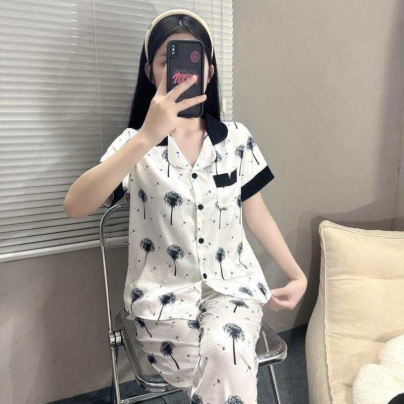 LAC - Bộ ngủ Nữ chất liệu Lụa Satin hoạ tiết Cỏ Bông Lau mã CDST01 Women Áo 1