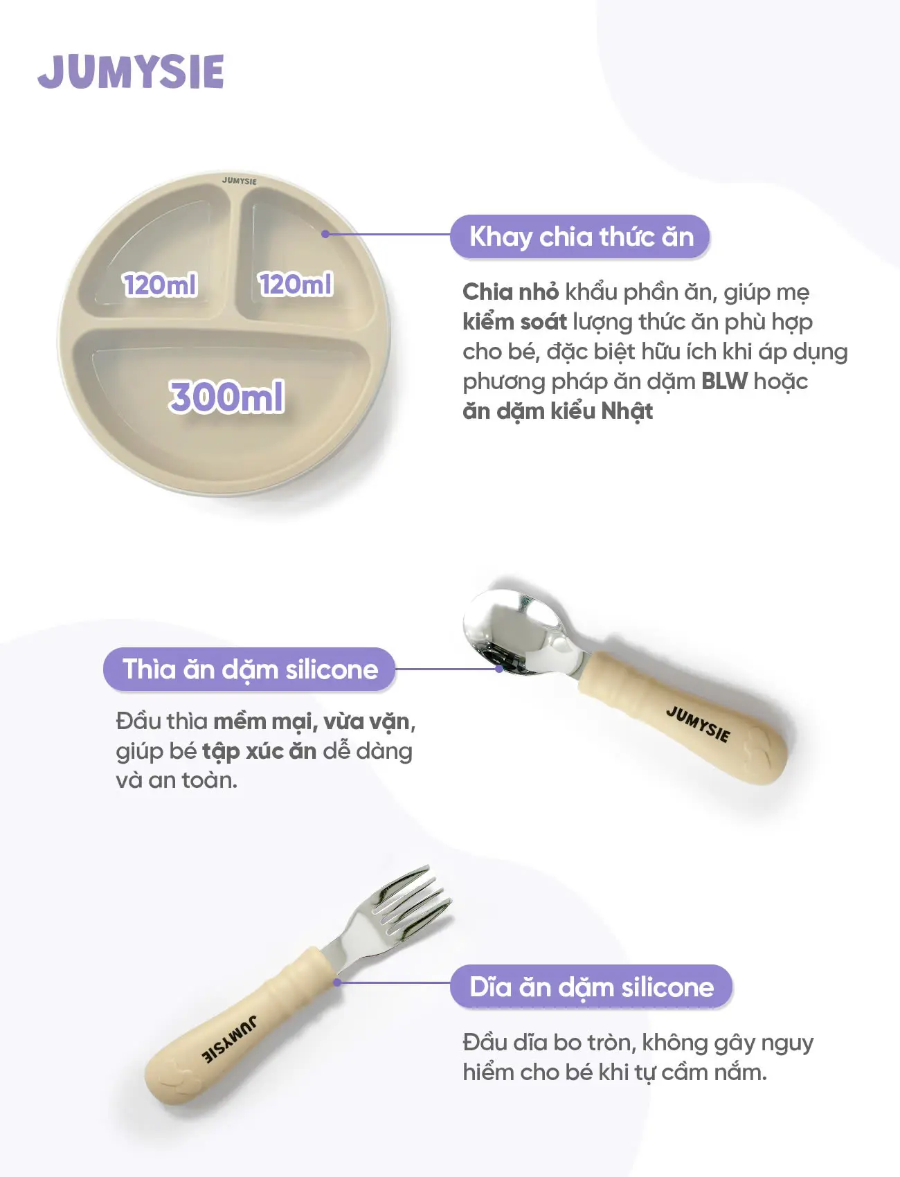 Set Ăn Dặm Jumysie Silicone Cao Cấp - Khay Ăn Dặm Chia 3 Ngăn Có Nắp, Thìa Dĩa Vừa Vặn, Dễ Vệ Sinh 4
