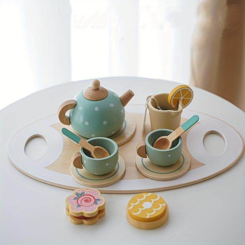 15pcs/set Play House Afternoon Tea Set, Wooden Dessert Cake Selling Tea Pot Cup Tea Set Pretend Play Toy, Stocking Filler, Kitchen Accessories Play Food Play Set 4