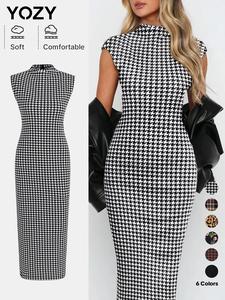 YOZY Women's All Over Houndstooth Print Bodycon Dress, Elegant Fashion Casual Mock Neck Cap Sleeve Midi Dress for Daily Outdoor Wear, Valentine's Day Gift for Girl, Women Dress for Spring & Fall, Summer Dresses