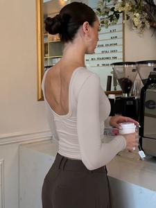 Top corto sin espalda sexy de cuello redondo y manga larga para mujer, Top básico de pulóver ajustado de bajo precio, Tops casuales para fiestas, clubes, citas y vacaciones diarias para damas, Ropa de primavera, otoño e invierno