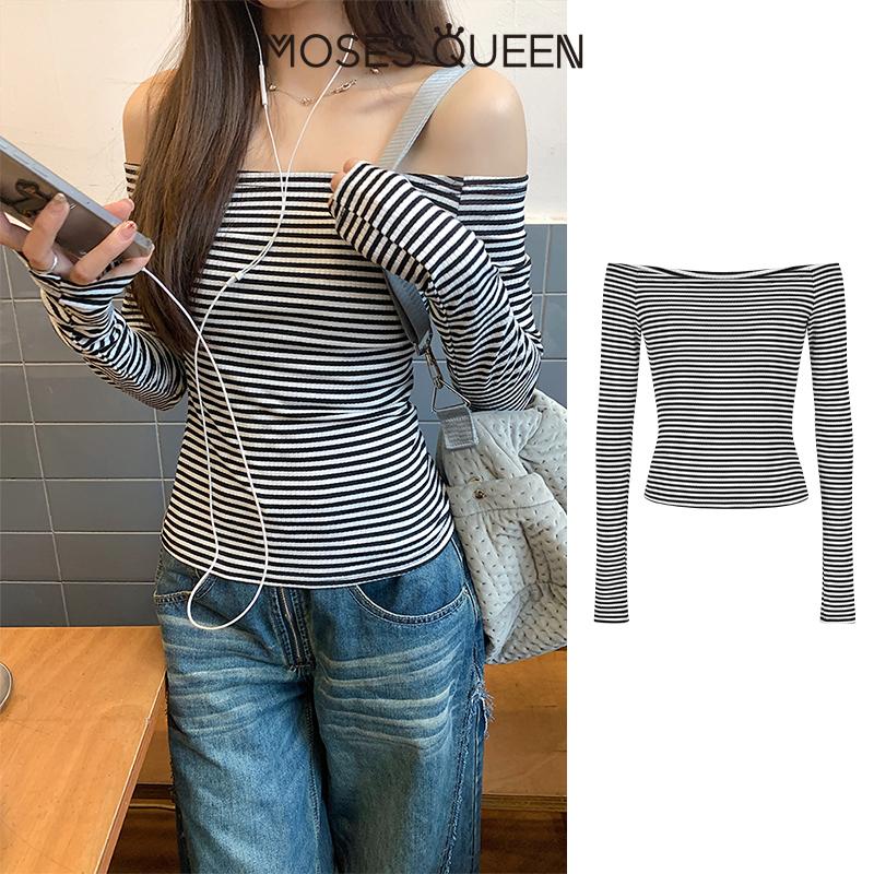 Áo Thun Họa Tiết Ngựa Vằn Nữ Hoàng Moses Thiết Kế Sọc Dễ Phối Đồ Và Thanh Lịch Thích Hợp Cho Mùa Thu Và Mùa Đông Phong Cách Ins Trễ Vai Gợi Cảm Áo Nữ # 62802
