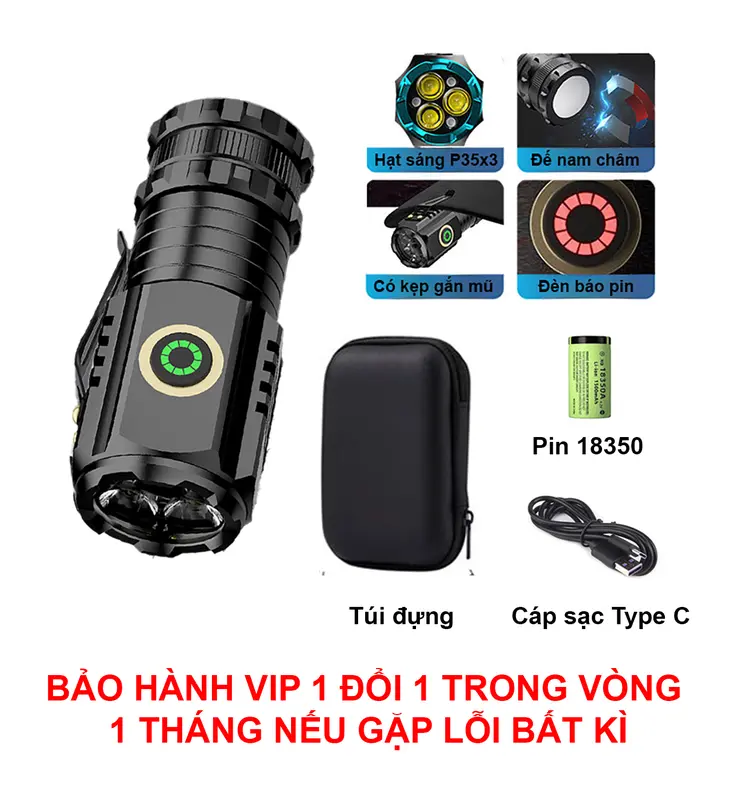Đèn mini cầm tay kháng nước pin 2600mAh đế nam châm đa năng, gắn mũ 3